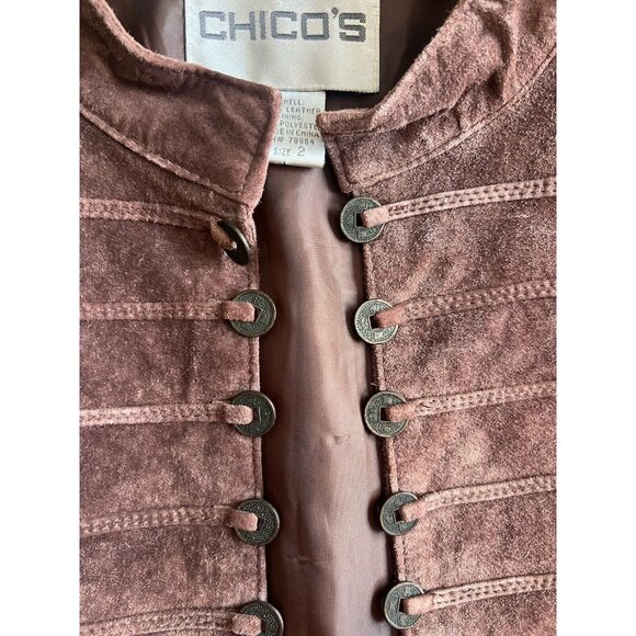 Chicos Sz 2 (12) Brown Suede Leather Jacket Blazer Asian Coin Style Women’s Coat - Picture 7 of 10